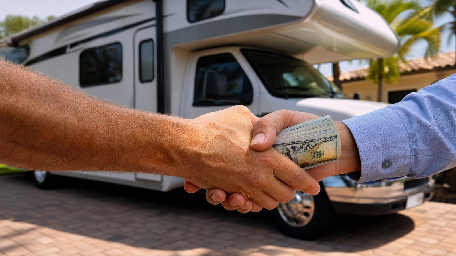 RV seller receiving a cash payment in front of a Class C motorhome